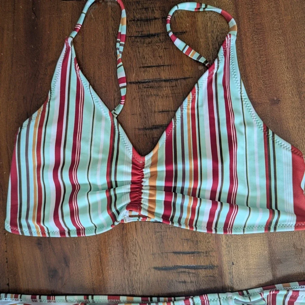 Cupshe Bikini Set Multicolor Striped Ruched Strappy Swimsuit Sz M Retro No Pads
